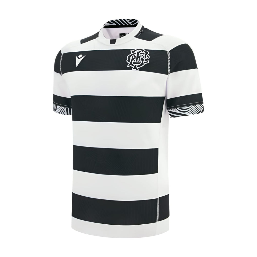 Maglia Rugby Barbarians home pro 2026 Macron: design a righe bianche e nere, logo Macron e stemma.