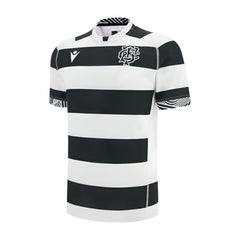 Maglia Rugby Barbarians home pro 2026 Macron: design a righe bianche e nere, logo Macron e stemma.