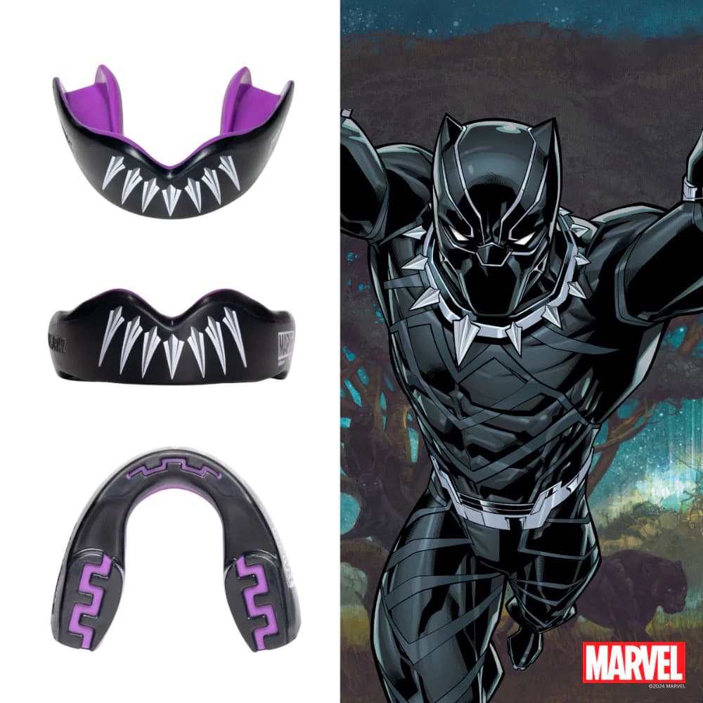 Paradenti Safejawz Marvel Black Panther, nero con denti viola e dettagli artigli.