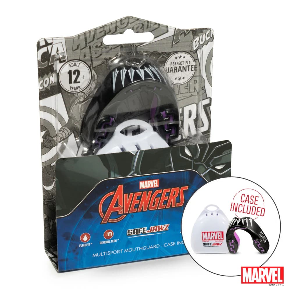 Paradenti Marvel Black Panther Safejawz per adulti, design nero e viola, con custodia.
