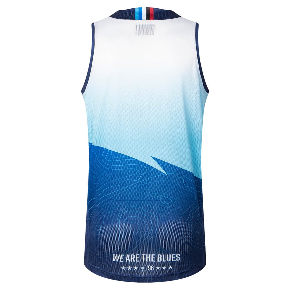 Canottiera Auckland Blues Super Rugby 2025 Classic, retro con grafica blu e scritta "WE ARE THE BLUES".
