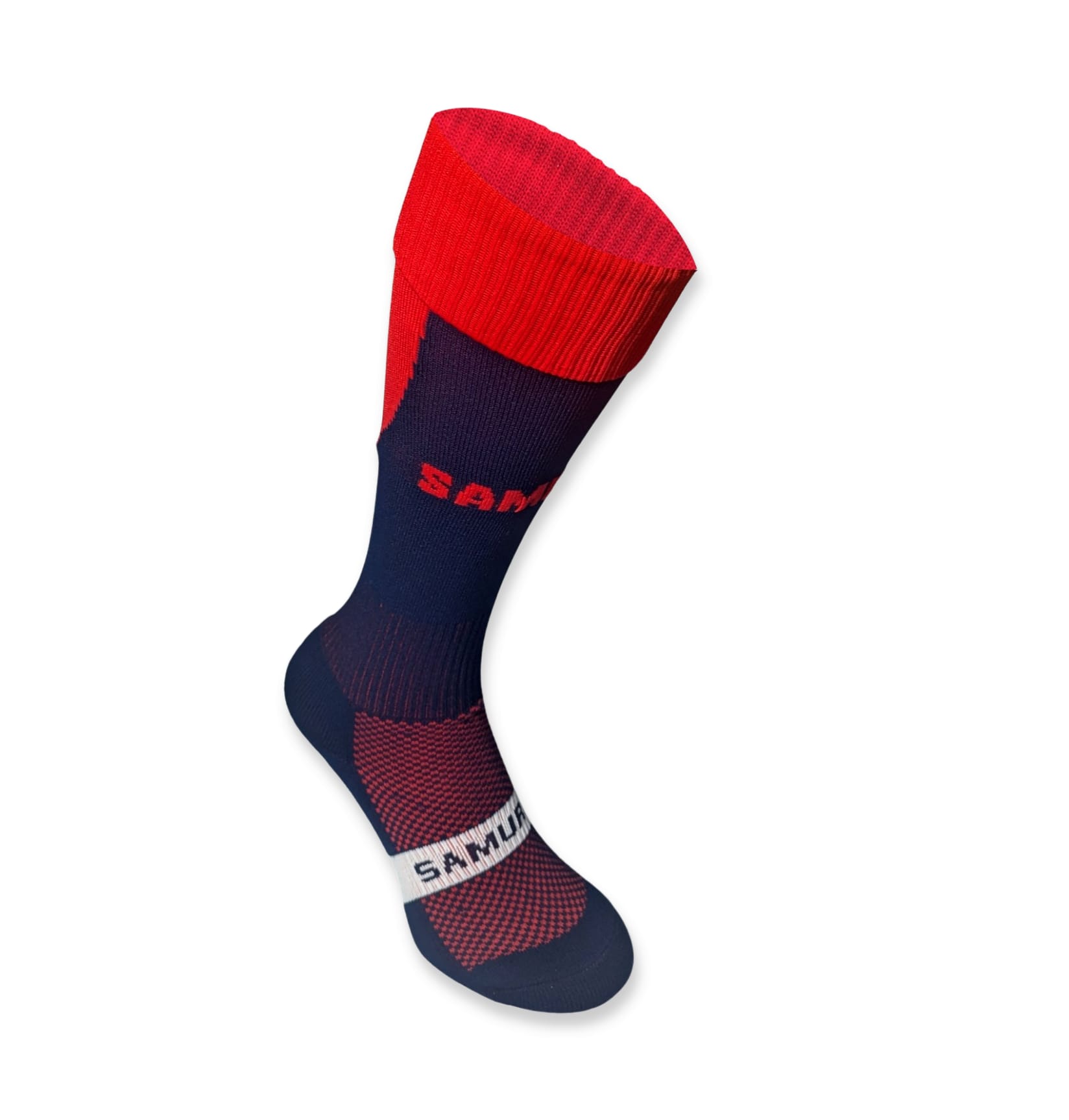 Calza Rugby Samurai Professionale Tri Nation Blu Rosso: Professional navy blue and red rugby socks.  Samurai branding.