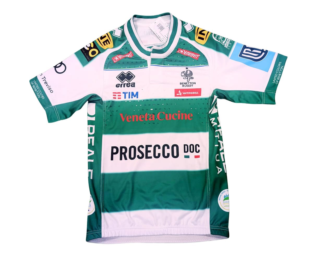 Maglia ufficiale da gara Benetton Rugby Treviso Errea, verde e bianca.