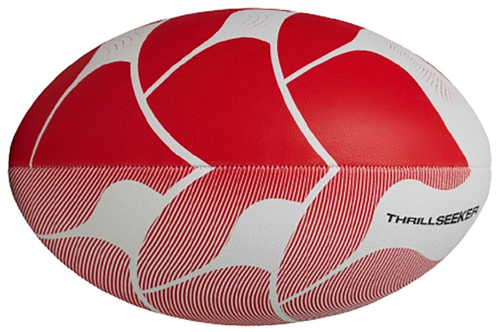 Pallone da rugby Canterbury Thrillseeker: pallone da rugby rosso e bianco con un design grafico unico