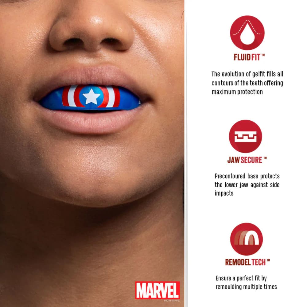 Paradenti Safejawz Capitan America, blu con design a stella, per la massima protezione.