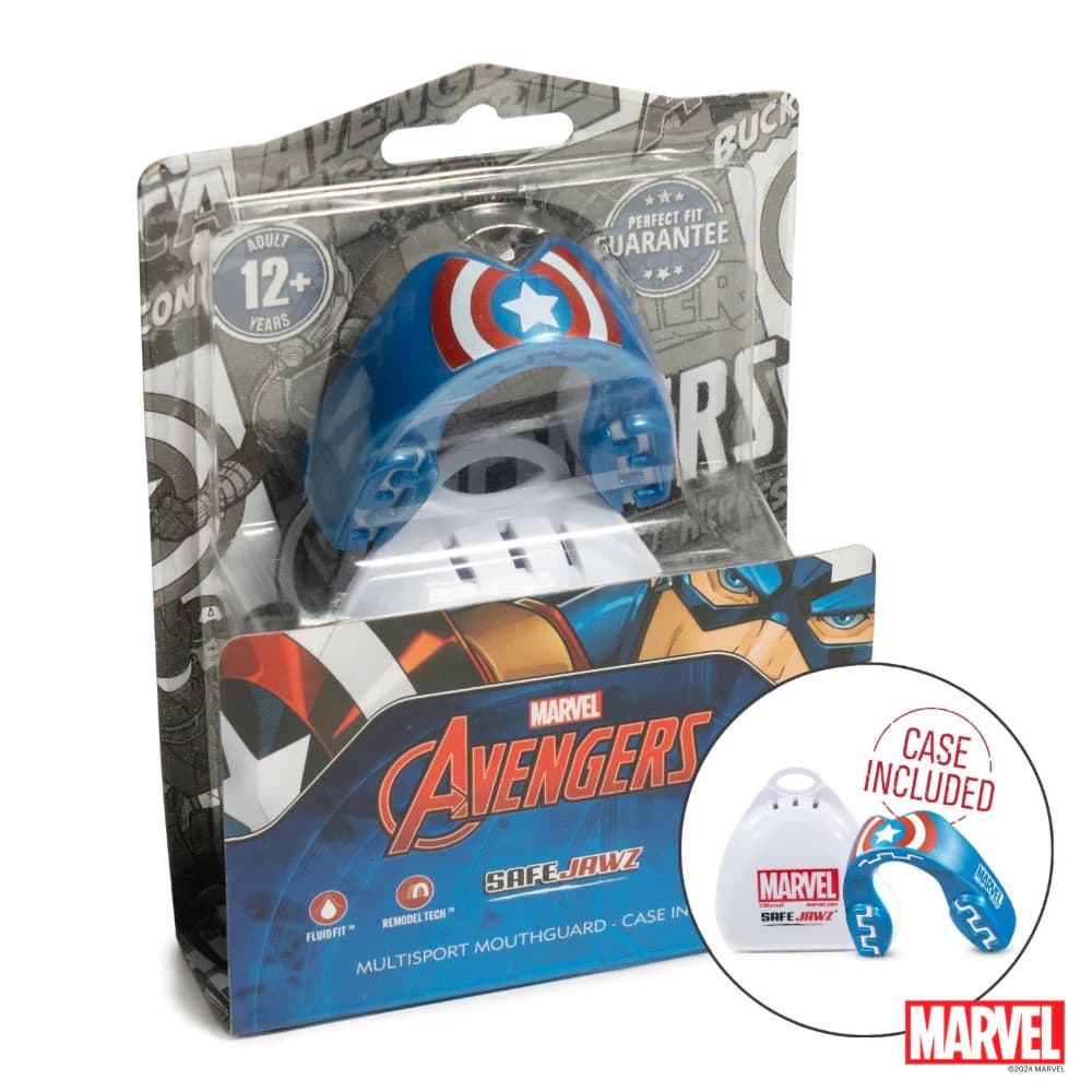 Paradenti Marvel Capitan America Safejawz con design a scudo di Capitan America. Paradenti multisport con custodia inclusa.