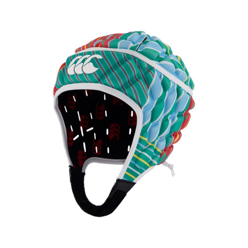 Caschetto da rugby Canterbury RAZE Ugly Blu con design multicolore a righe.