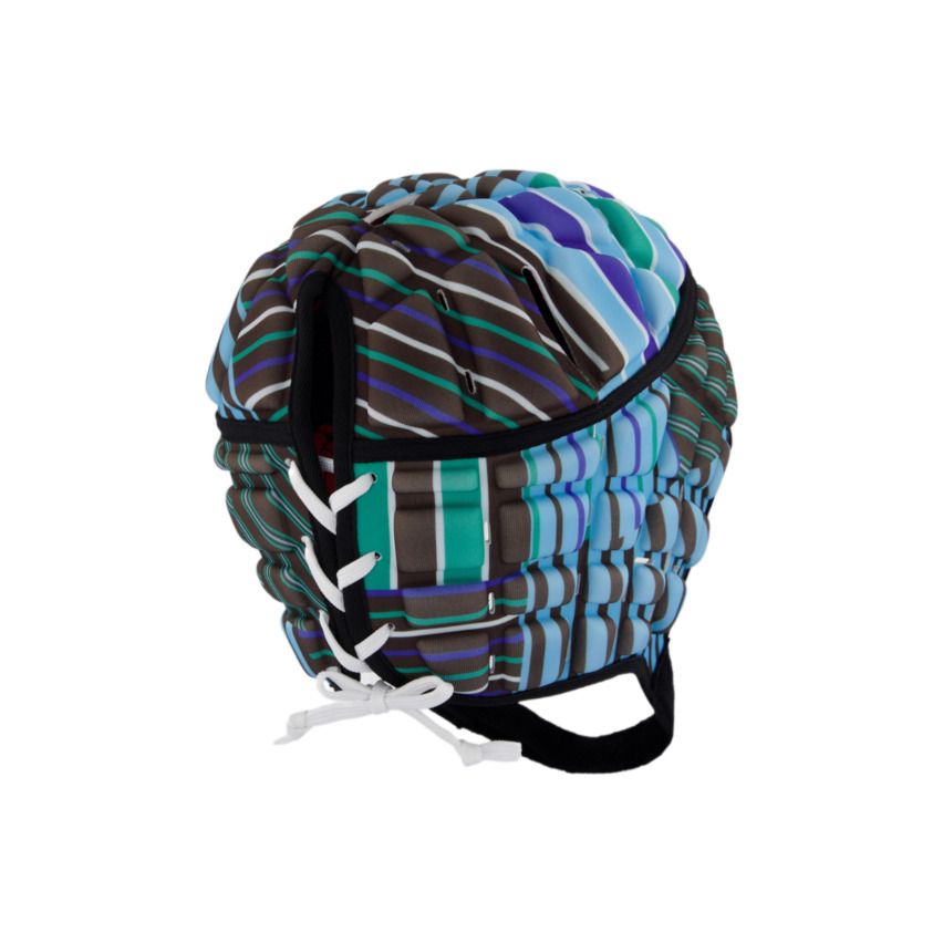 Caschetto da rugby Canterbury RAZE Ugly Verde con lacci bianchi e fantasia a righe multicolori.