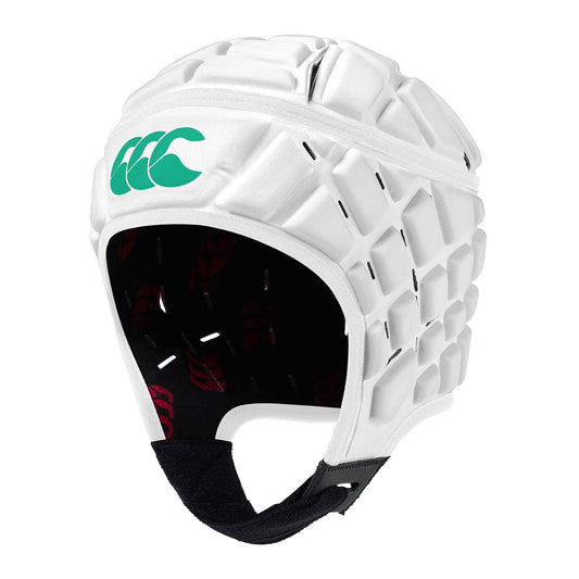 Caschetto da rugby Canterbury RAZE bianco con logo verde, protegge testa e orecchie.
