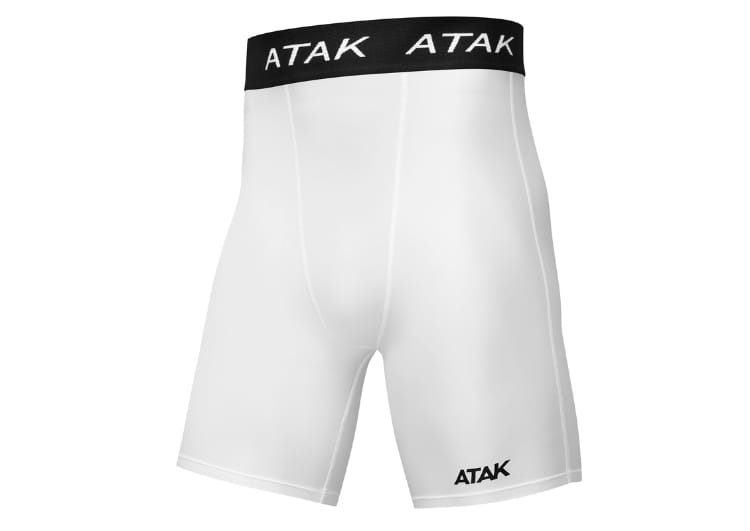 Pantaloncini a compressione ATAK: Scaldamuscolo bianco Pantaloncini a compressione ATAK con elastico in vita nero.