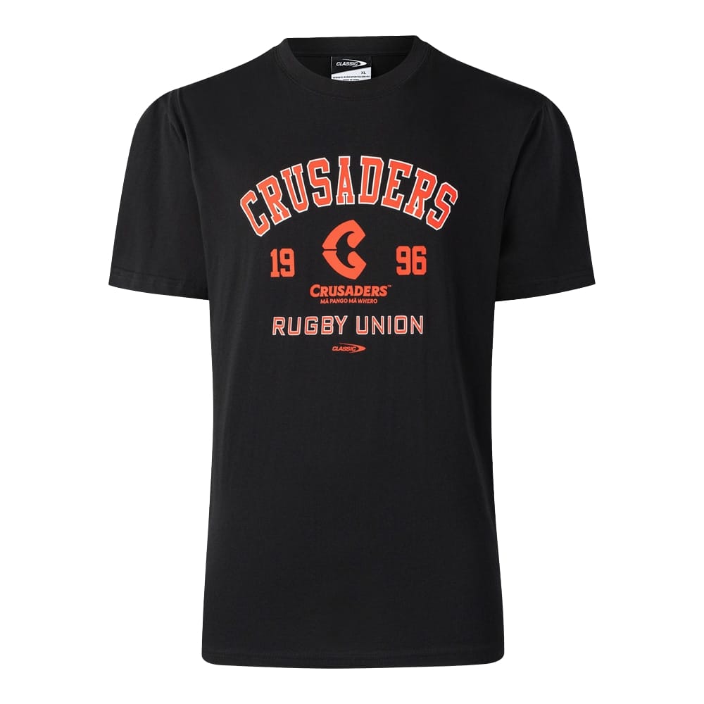 T-shirt rugby Crusaders cotone nera con logo e scritte anni '90.