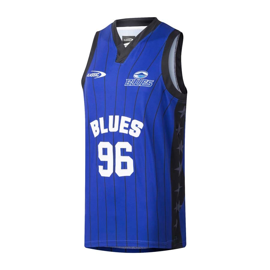 Canottiera da rugby ufficiale Blues, blu con numero 96 e logo Classic.
