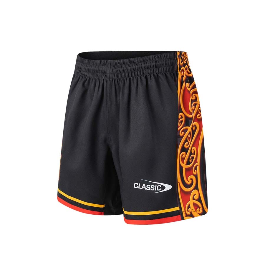 Pantaloncini da rugby Chiefs Home neri con dettagli rossi e gialli e logo Classic.