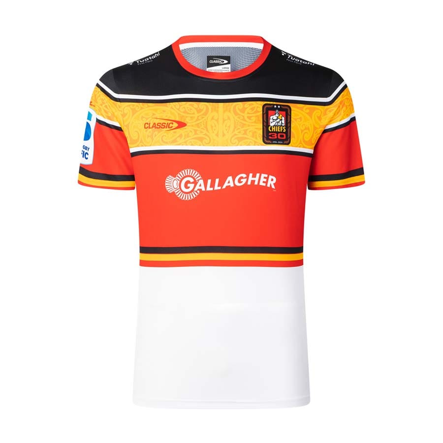 Maglia da allenamento Chiefs away ufficiale 2023/24, bianca con dettagli arancioni.