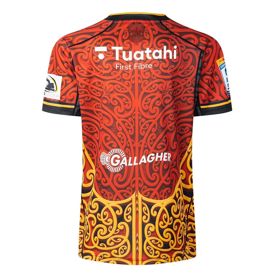 Maglia da allenamento rugby Chiefs 2026 PRO, rossa con dettagli oro e motivo tribale.