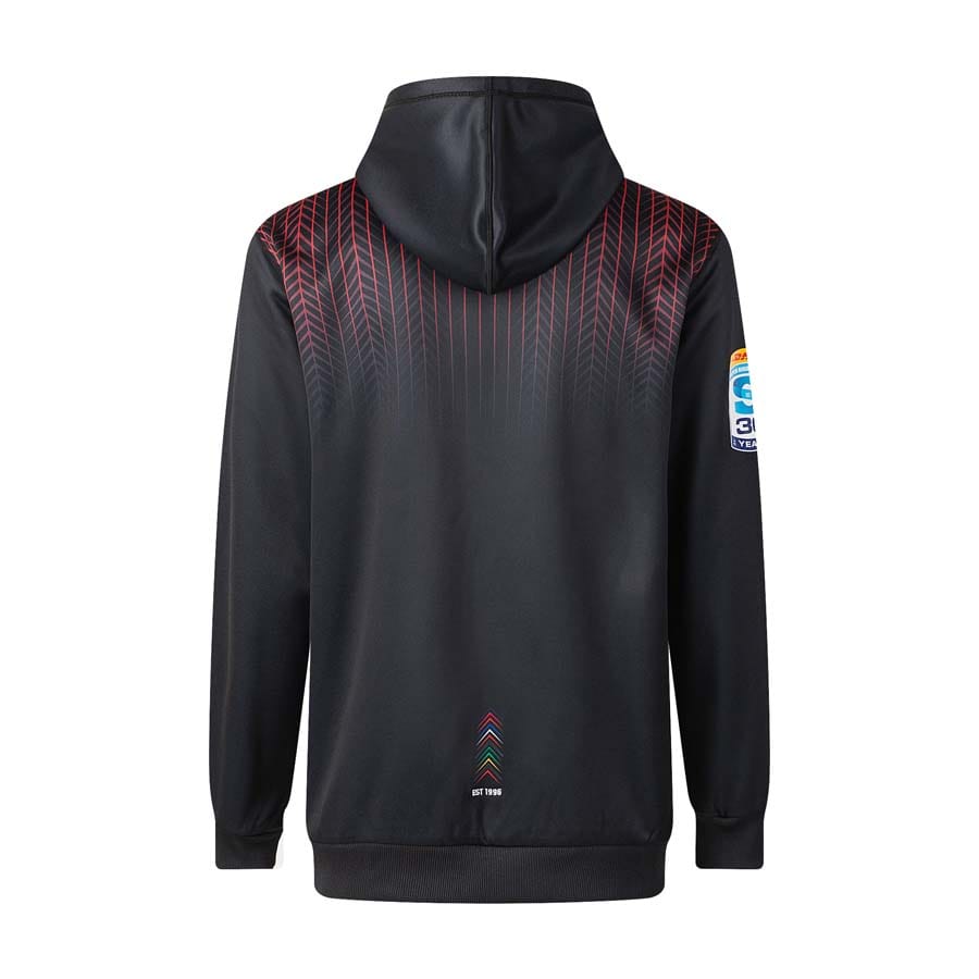 Felpa con cappuccio nera Crusaders Rugby 2026 con dettagli rossi e logo.
