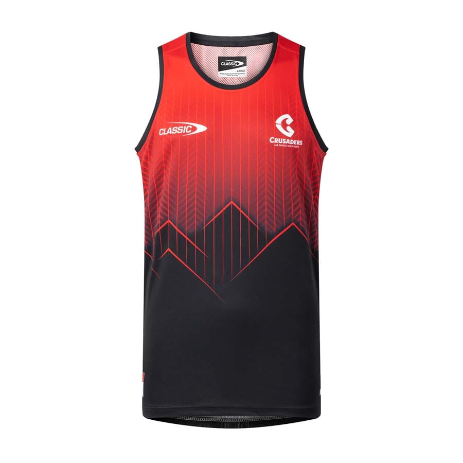 Canottiera da rugby ufficiale Crusaders Super Rugby rossa e nera con logo.