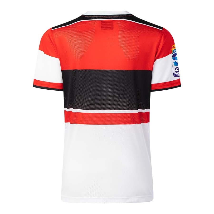 Maglia da allenamento ufficiale Rugby Crusaders 2026, retro bianco con bande rosse e nere.