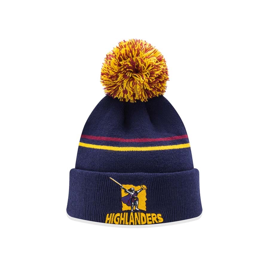Zuccotto ufficiale Highlanders Rugby blu con pompon giallo/rosso e logo.