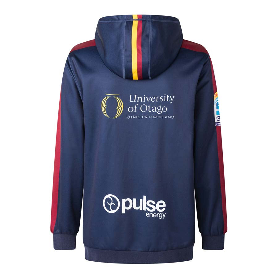 Felpa rugby ufficiale Highlanders 2026 blu con logo University of Otago e sponsor Pulse Energy.