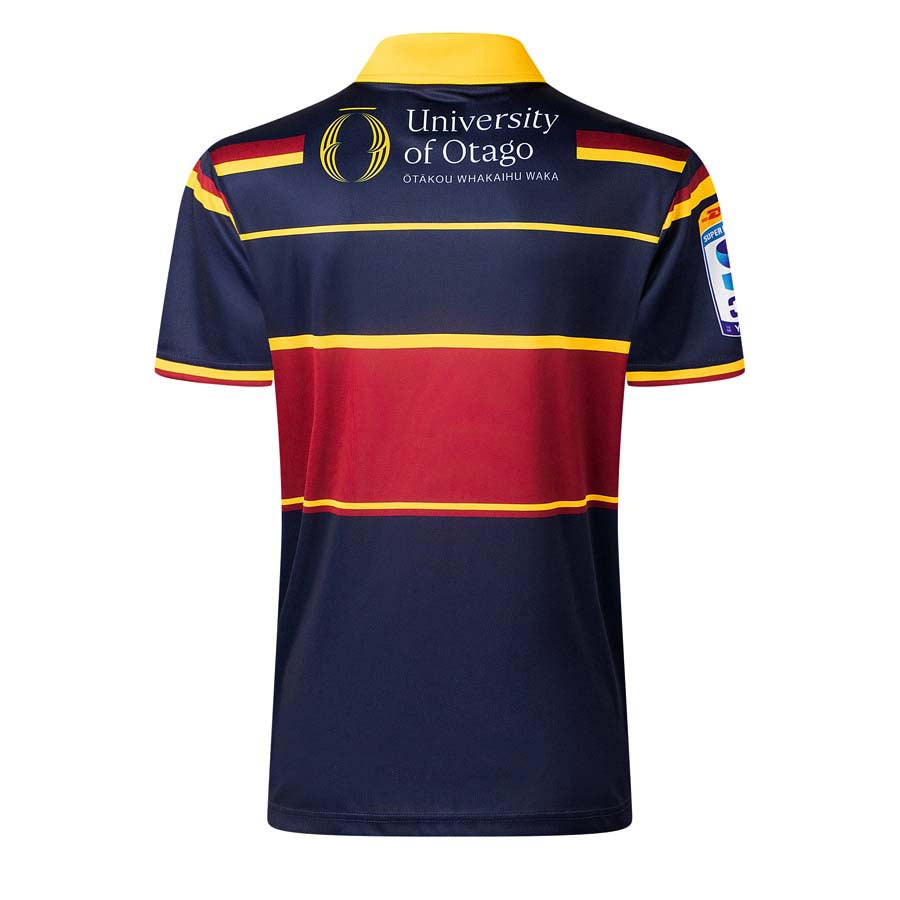 Maglia Rugby Highlanders 2026 Home PRO ragazzo, blu con bande rosse e gialle.