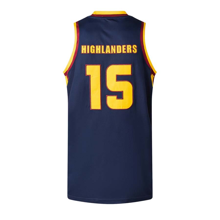Canottiera da rugby ufficiale Highlanders numero 15 blu e gialla.