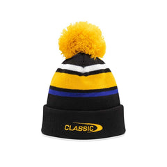 Berretto ufficiale Zuccotto Hurricanes Rugby con pompon giallo e strisce nere, gialle e blu.