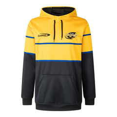 Felpa rugby Hurricanes 2026 con cappuccio, gialla e nera, logo sul petto.