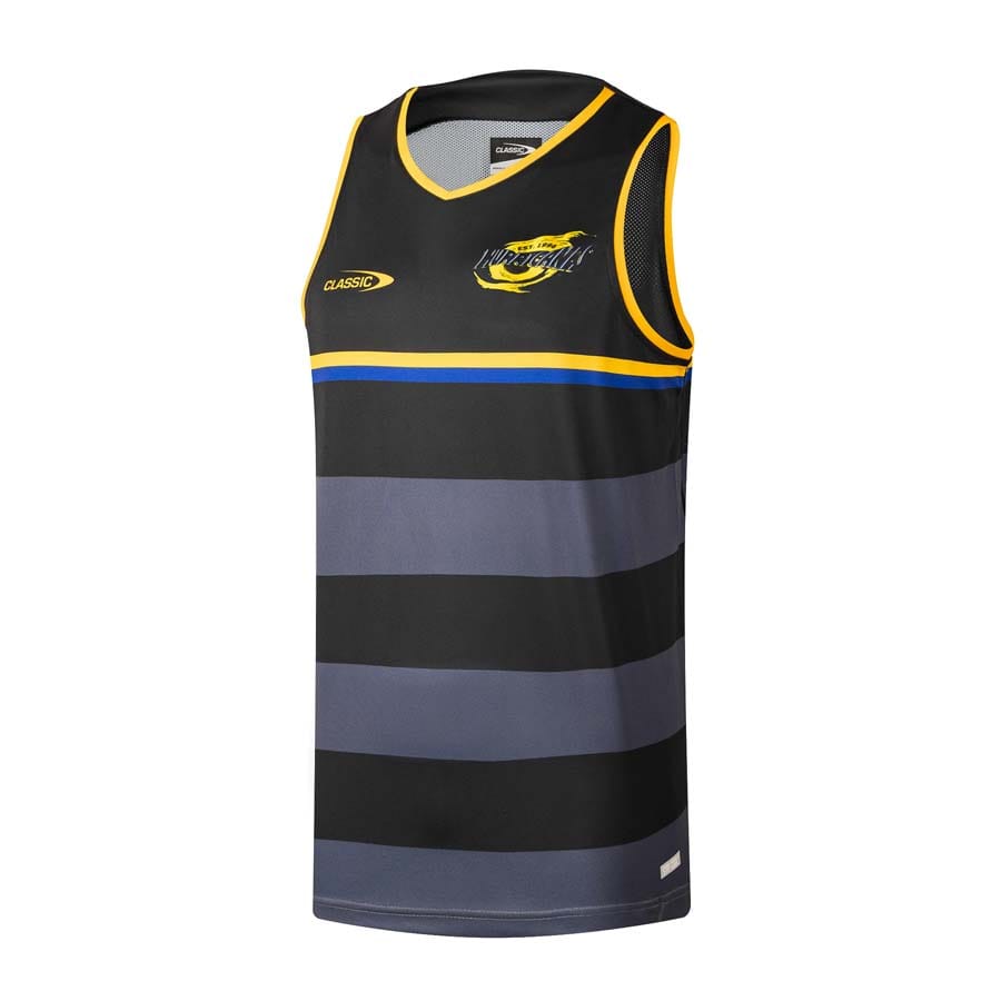 Canottiera rugby uomo Hurricanes Super Rugby ufficiale a righe nere e grigie.
