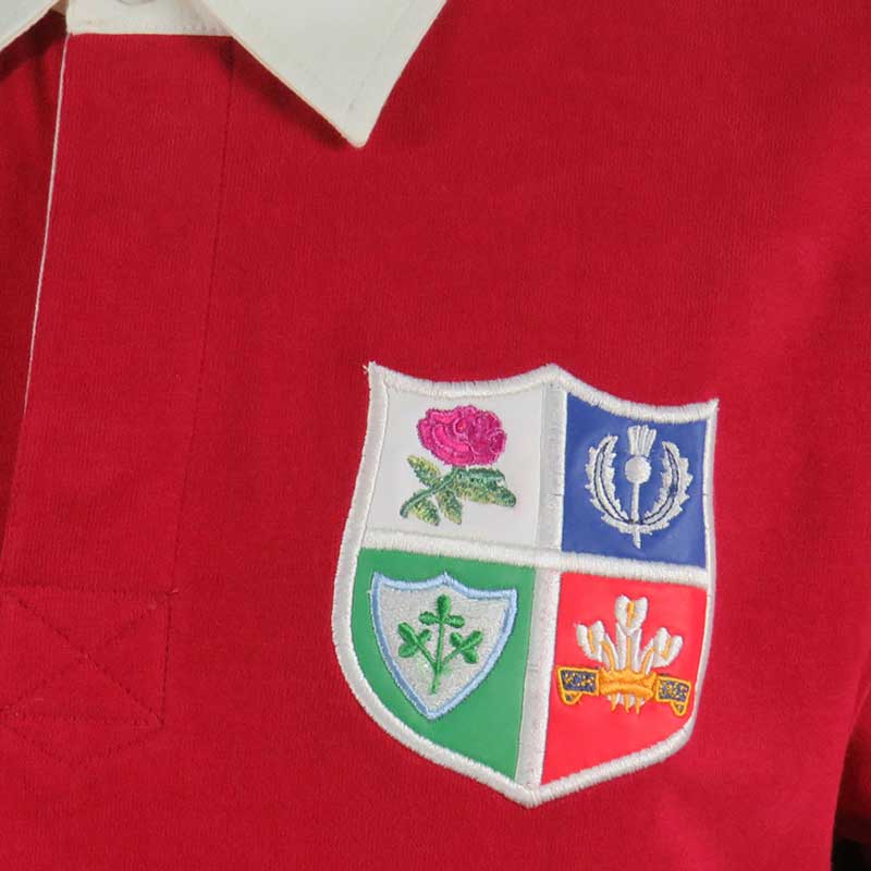 Maglia da rugby vintage British Isles 1971 rossa con stemma ricamato.