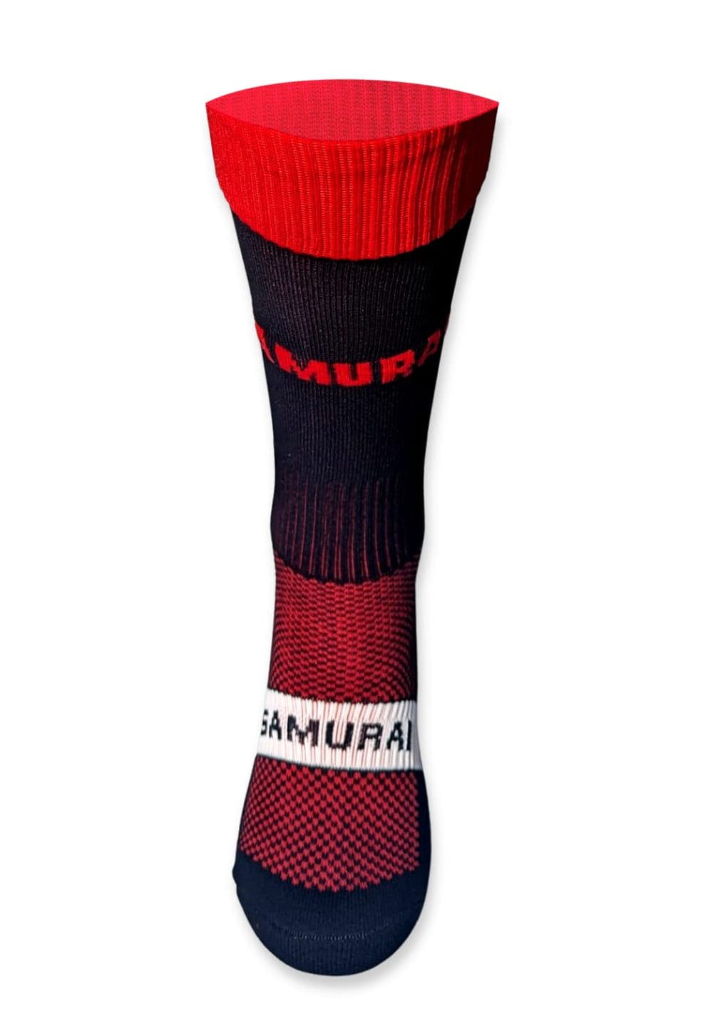 Calza da rugby professionale Samurai Tri Nation nera e rossa, con logo visibile.