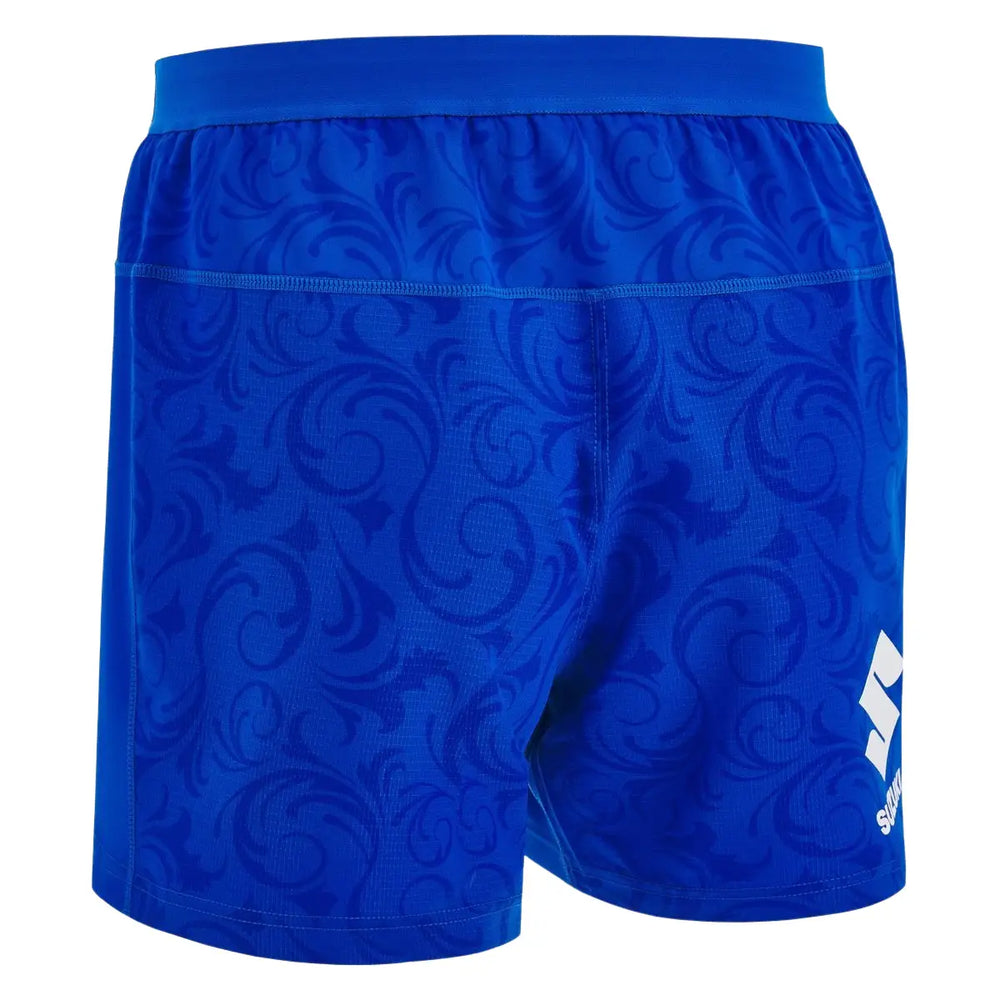 Pantaloncino Rugby Italia FIR 2025 Home Gara: Pantaloncini da rugby blu con fantasia, perfetti per le partite casalinghe del 2025.