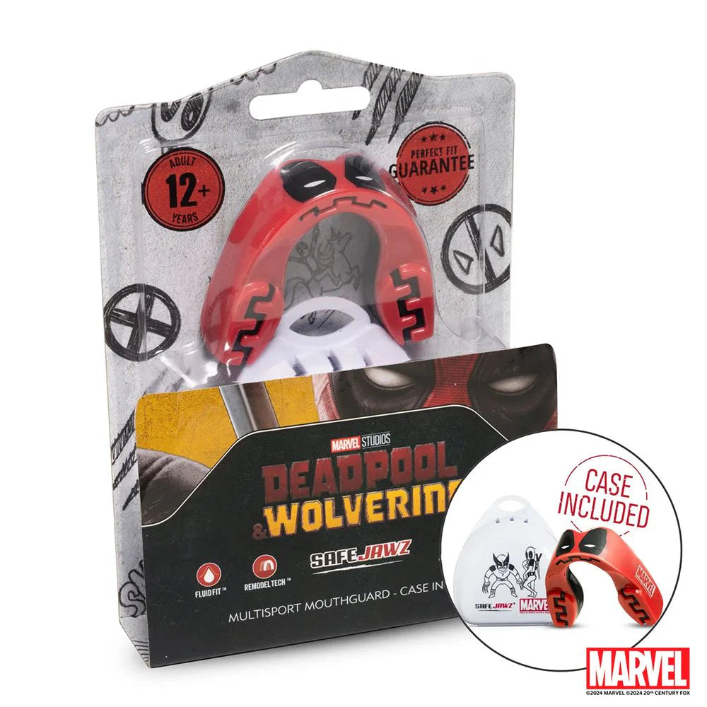 Paradenti Deadpool Marvel Safejawz rosso e nero per adulti, con custodia inclusa.