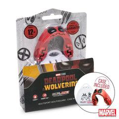 Paradenti Deadpool Marvel Safejawz rosso e nero per adulti, con custodia inclusa.