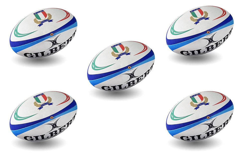 Cinque palloni da rugby Gilbert, design ufficiale della nazionale italiana. Logo FIR, marchio Italia.