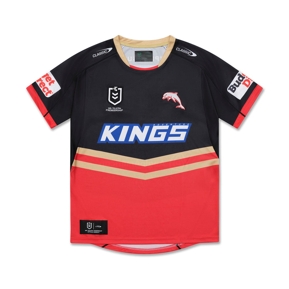 Maglia da rugby alternativa NRL dei Redcliffe Dolphins: maglia ufficiale nera e rossa con licenza, con logo della squadra e sponsor
