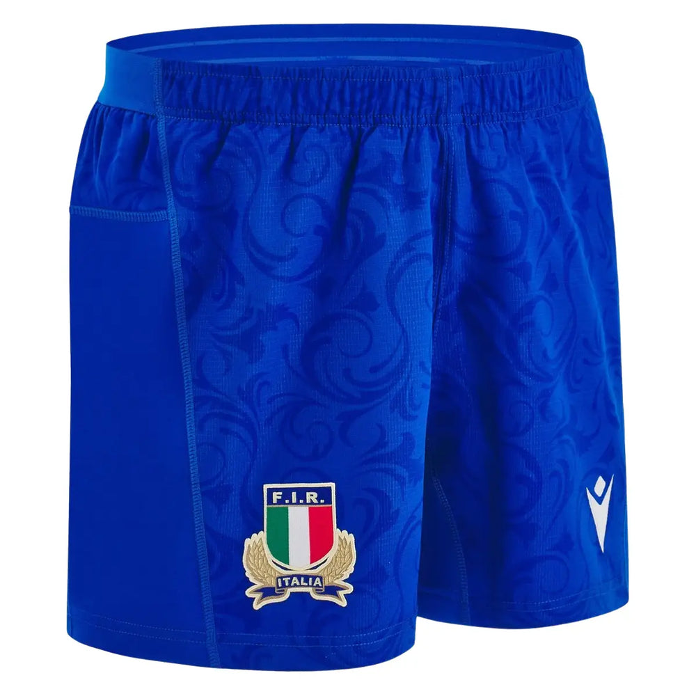Pantaloncino Rugby Italia FIR 2025 Home Gara: Pantaloncini ufficiali della nazionale italiana di rugby per le partite casalinghe del 2025. Blu con bandiera italiana e logo FIR.