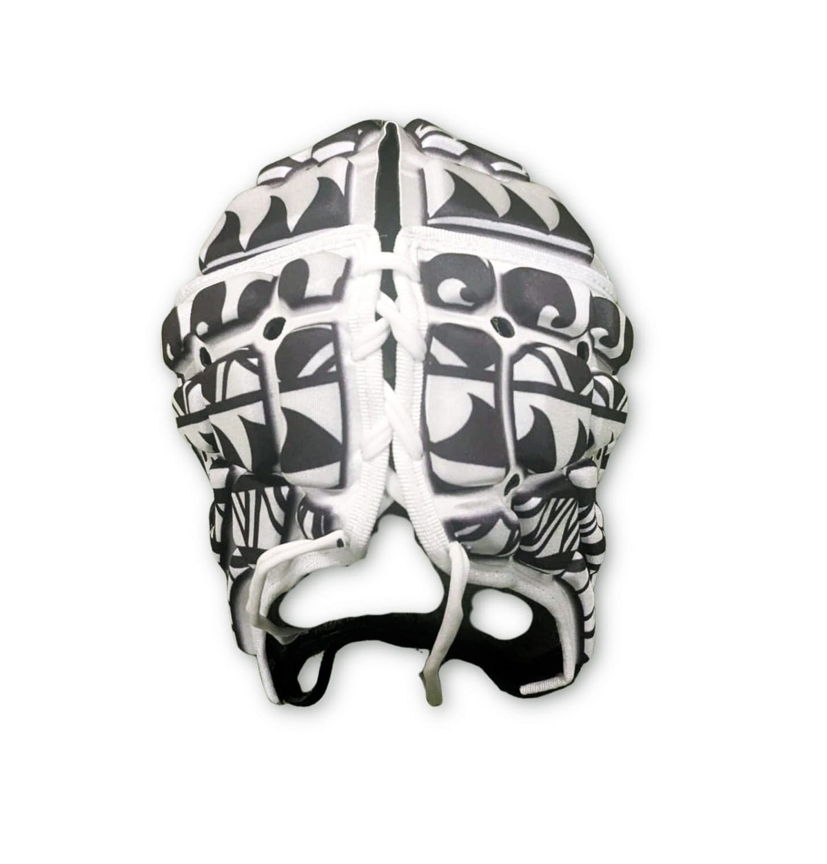 Caschetto da rugby Impact Polynesian White con lacci bianchi e design tribale.