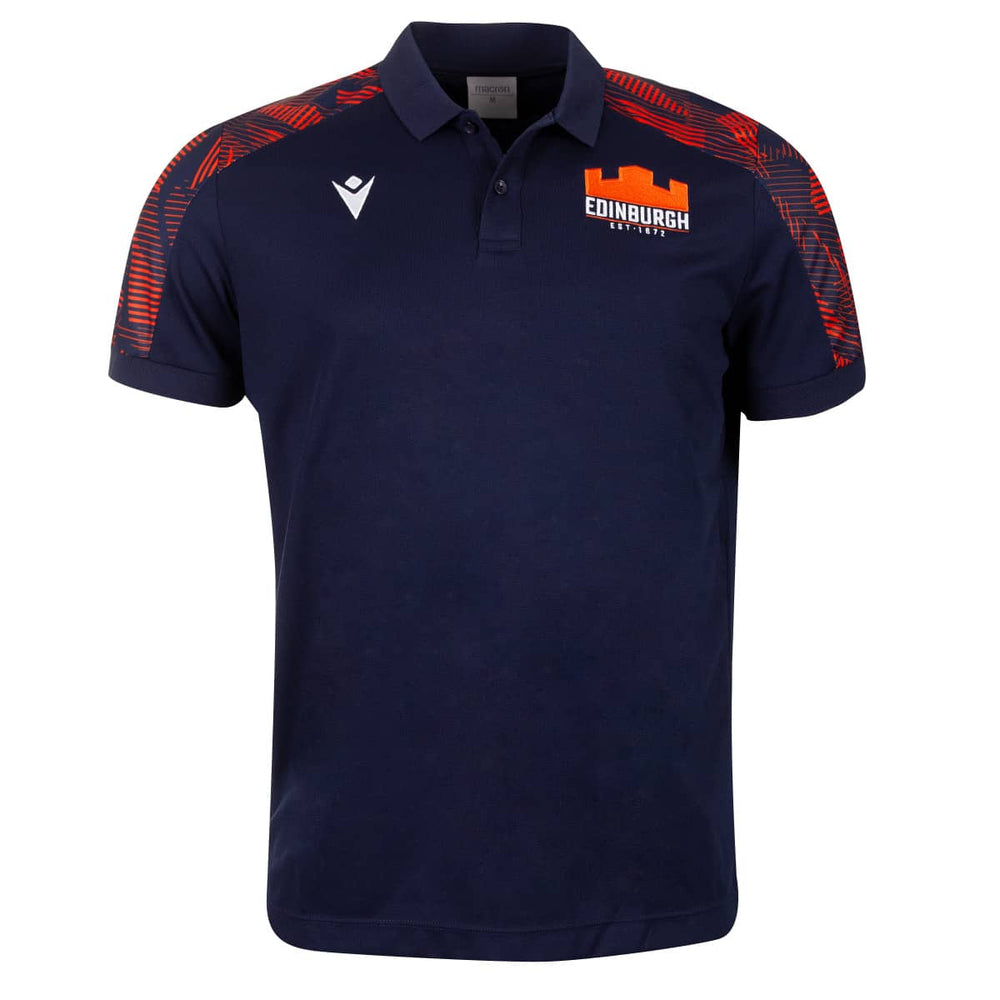Maglia polo da rugby da viaggio Edinburgh Macron blu navy con dettagli arancioni.