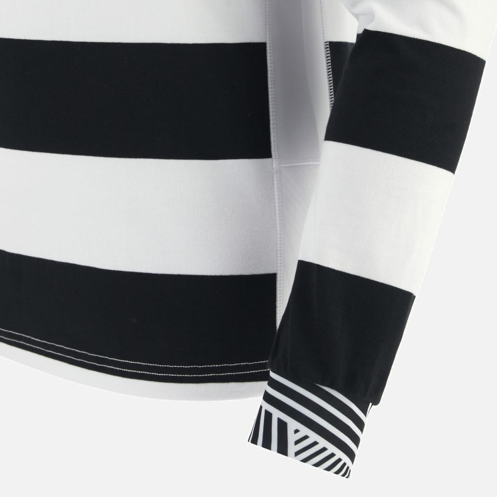 Maglia rugby a maniche lunghe a righe bianche e nere, cotone.