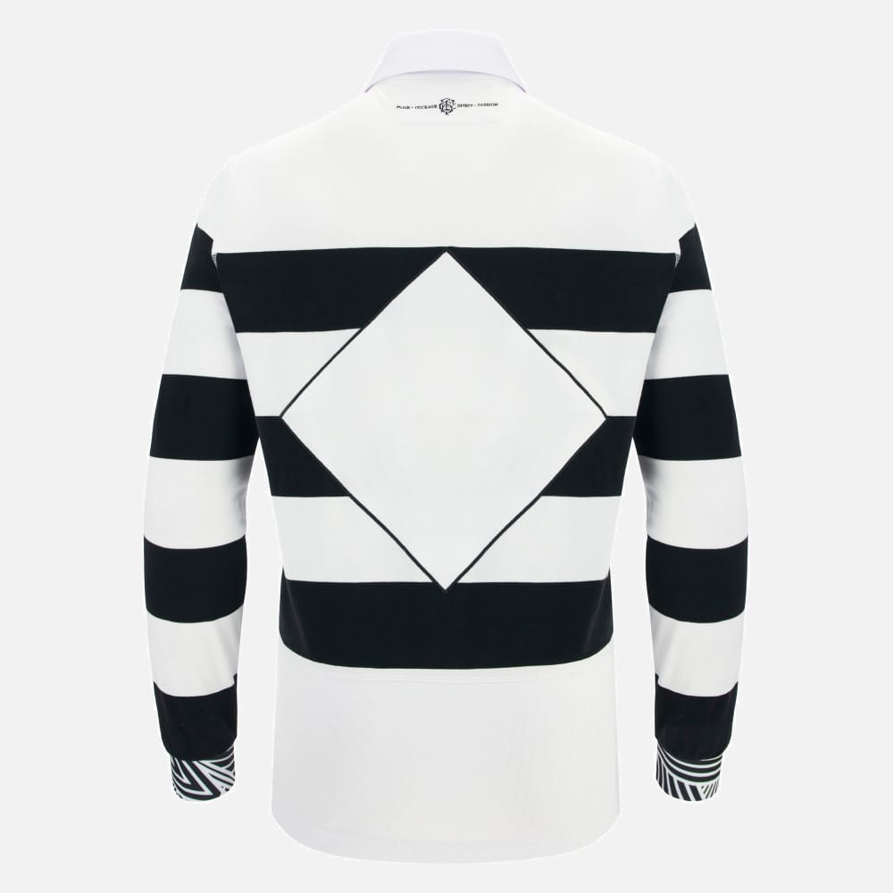 Maglia rugby Barbarians a maniche lunghe in cotone bianco e nero, con rombo frontale.