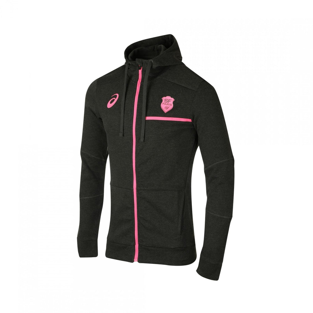 Felpa con cappuccio ufficiale Stade Francais Asics: felpa nera con cappuccio e cerniera con dettagli rosa.