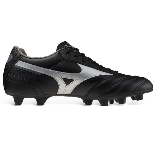 Scarpino da rugby Mizuno Morelia Club MD nero e argento, con tomaia in pelle sintetica e tacchetti fissi.