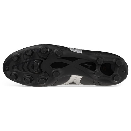 Suola con tacchetti scarpino da rugby Mizuno Morelia Club MD nero e argento.