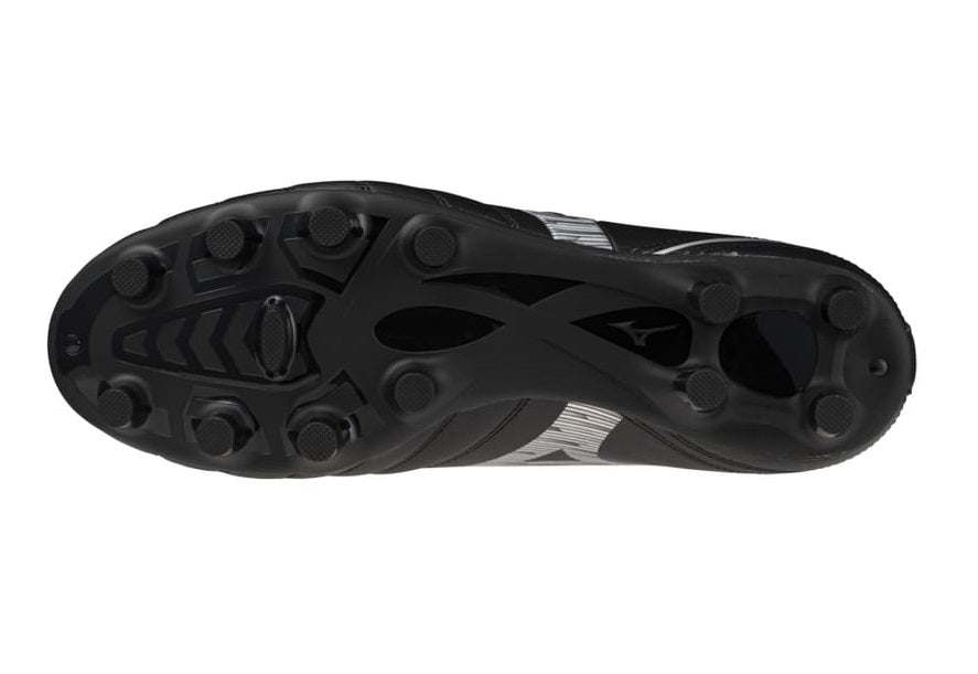 Mizuno Monarcida NEO Select MD Nero: scarpe da calcio nere con suola MD, ideali per terreni compatti. L'immagine mostra la suola con tacchetti.