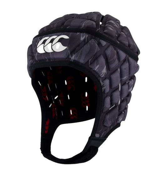 Caschetto da rugby Canterbury RAZE Force nero con logo bianco.