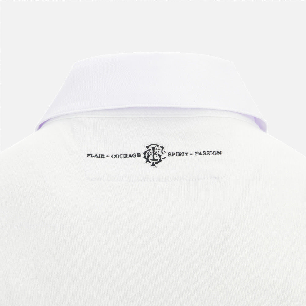 Retro Maglia Rugby Barbarians, bianco, cotone, con logo e scritte "Flair Courage Spirit Passion".
