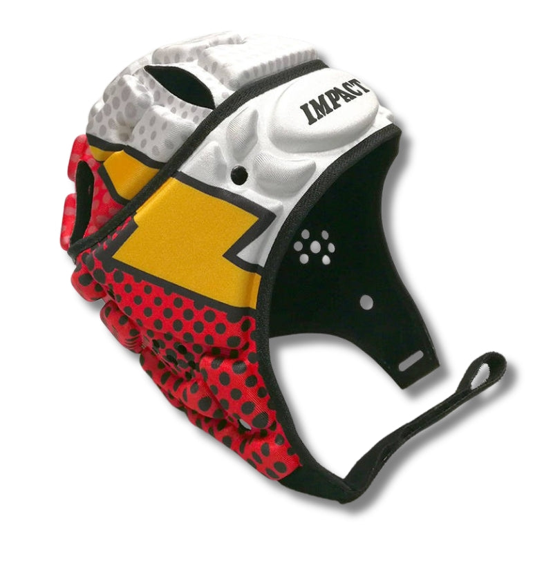 Caschetto Impact Rugby Flash: casco da rugby rosso e giallo con protezione dagli urti, caratterizzato da un audace design grafico.