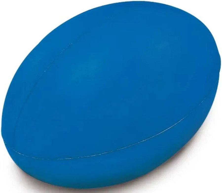 Palla da rugby in morbida gommapiuma blu, ideale per allenamenti e gioco.