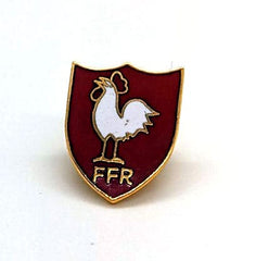 Spilla nazionali rugby: spilla smaltata della Federazione francese di rugby, raffigurante un gallo su uno scudo bordeaux con la scritta "FFR".